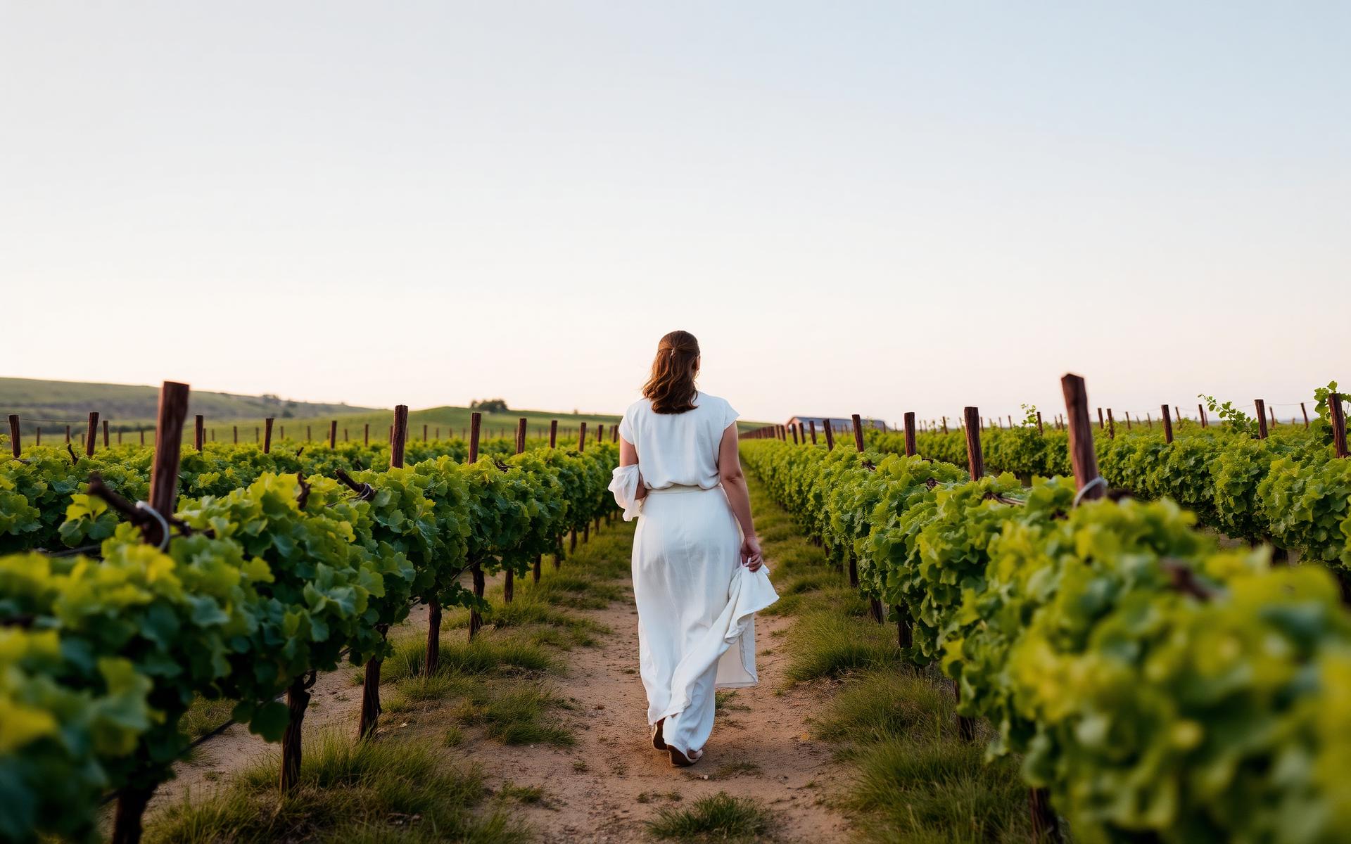 Couple walking through Albariño vineyards