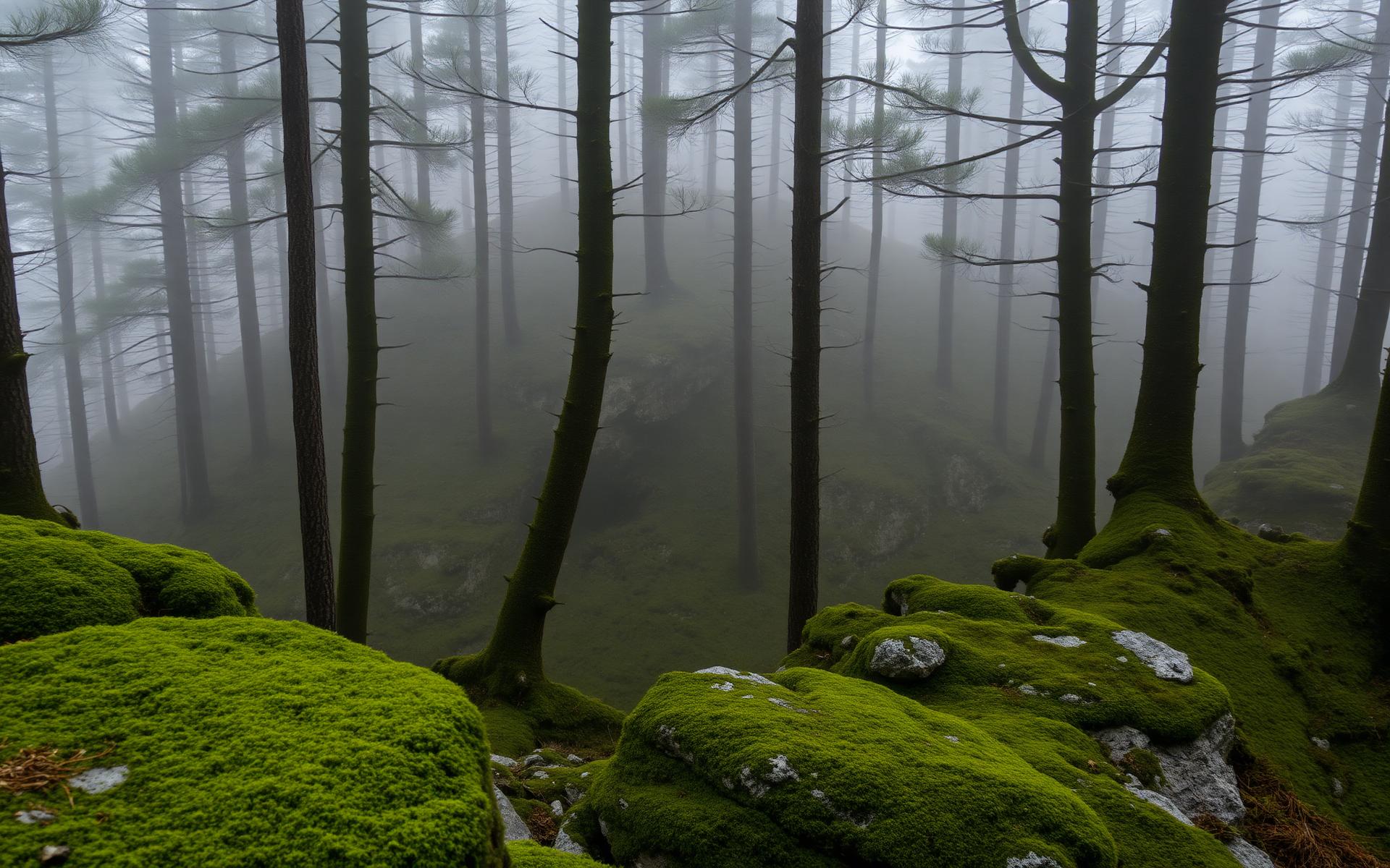 Misty Galician forest with mossy granite